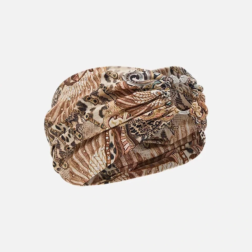 CAMILLA “The Throne Room” brown tan silk animal print boho ring headband